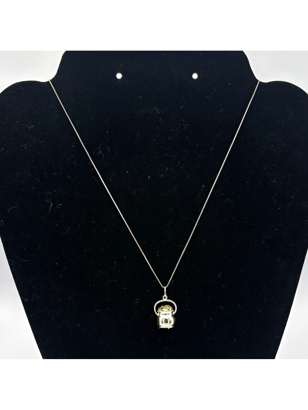 Sterling Silver 925 Pot of Gold Pendant Necklace Lucky Charm Gold Glitter